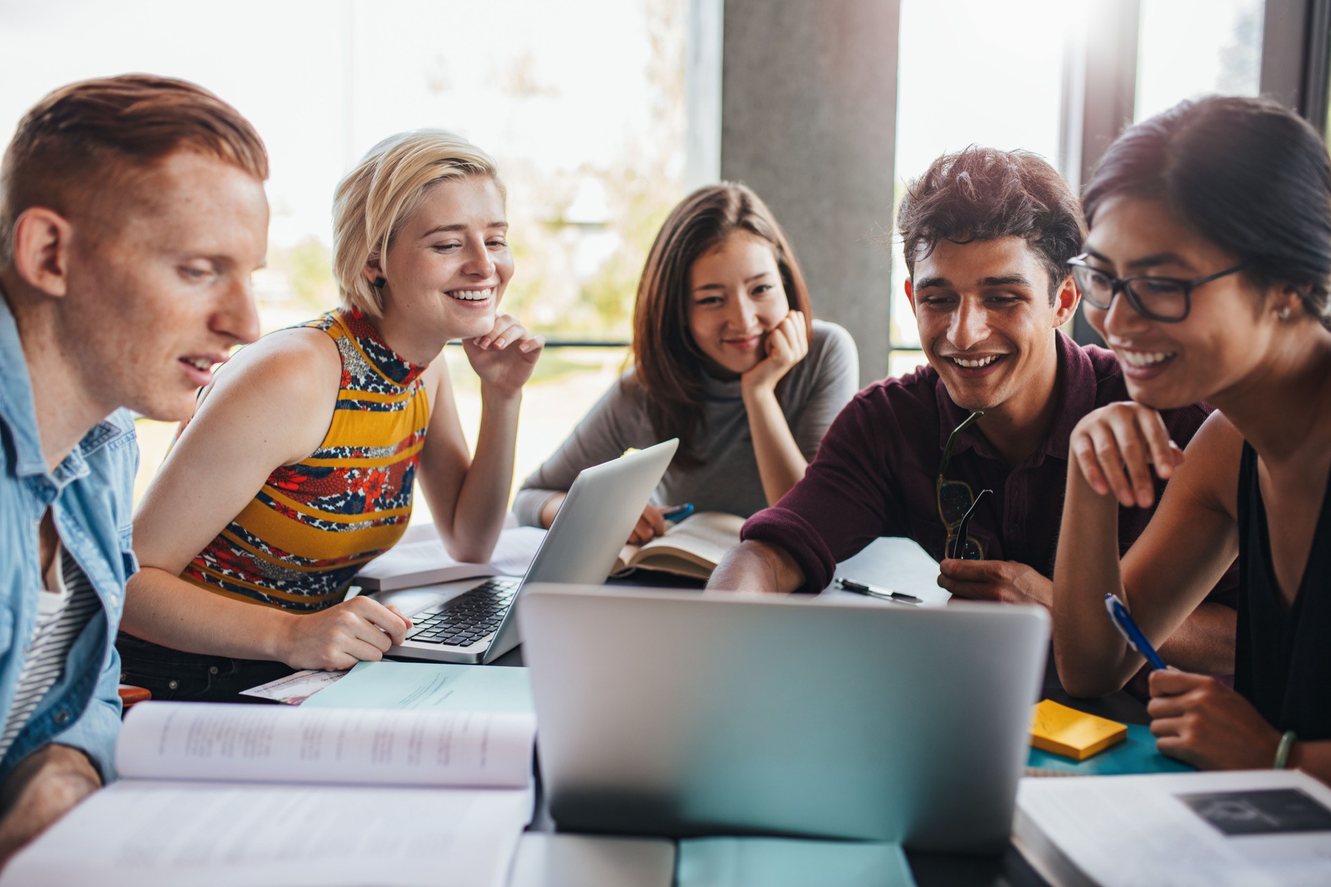 Group of students studying in the library